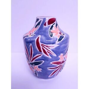 Anthropologie Retired Mathilde Ceramic Floral Vase – Blue & Red Botanical Motif
